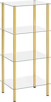 HOOBRO Glass Shelf, 4 Tier Standing Shelf Unit, Durable Glass Shelving Stand for Small Space, Space-Saving, for Bathroom, Bedroom, Home Office, Tempered Glass, Steel Frame, Gold GD04CJ01