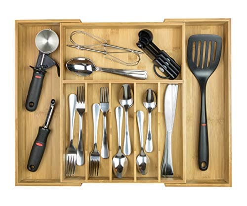 KitchenEdge Premium Kitchen Drawer Organizer for Silverware, Flatware and Utensils, Holds 16 Placesettings, 100% Bamboo