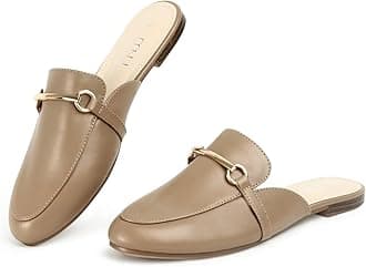 MUSSHOE Gold Buckle Mules for Women - Comfortable Memory Foam Loafers, Classy Slip On Flats for Office Business Casual, Dressy Pointed Toe Shoes
