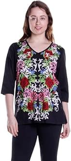 LA CERA Women's Cotton Printed Tunic Top, 100% Cotton, Floral Tunic Shirt, V-neck, 3/4 Sleeve Tops, Machine Wash Cold