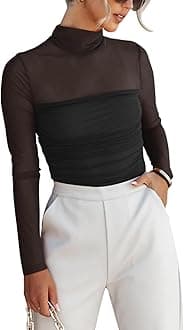 - Women’s Trendy Sexy Mock Turtle Neck Long Sleeve Sheer Mesh Ruched Going Out Bodysuits Tops