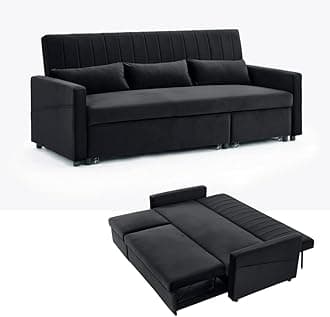 Home Detail 3 Seater Sofa Bed Pull-Out Grey Blue Velvet Grey Linen Storage Chaise (Black Velvet)