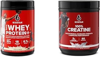 Six Star Whey Protein Plus & Creatine Monohydrate Powder Bundle | Vanilla Whey Protein Isolate 1.8 lbs & Unflavored Creatine 60 Servings