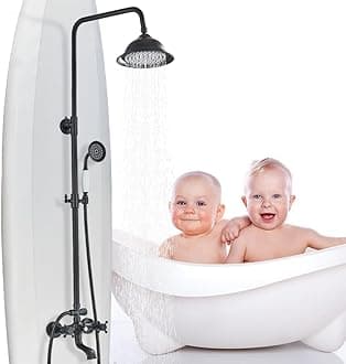 Matte Black Outdoor Shower Faucet Set with 8 Inch Rain Shower Head, Handheld Spray, Tub Spout, 2 Cross Handles, Wall Mounted Shower Fixtures for Bathroom or Backyard