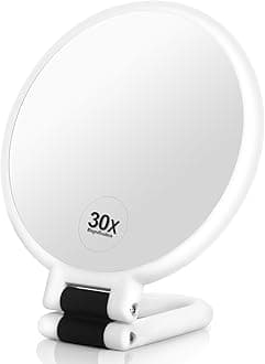 1x 30x Magnifying Travel Mirror, Hand Mirror with Handle - Double Side Hand Held Mirror with 1x30x Magnification & Foldable Handle, Portable Travel Makeup Hand Mirror for Women (White)