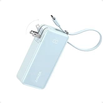 Nano 3-in-1 Portable iPhone Charger, 10,000mAh Power Bank with Built-in USB-C Cable and Foldable Wall Plug, 30W Max Battery Pack, Travel Essentials for iPhone 17/16/15 Series (Blue)