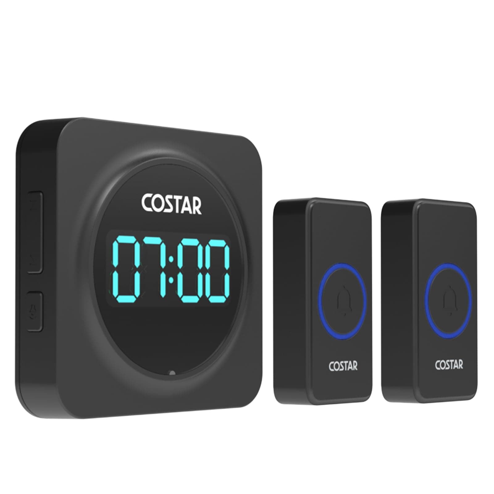 Costar Door Bell - Calling Bell Wireless with 24-Hour Time Display, Wireless Doorbell for Home, 1000ft Range Operating with 58 Chimes, 5 Levels Adjustable Volume(Pebble 705 Black 2 Push Button)