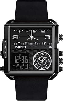 SKMEI Men's Digital Sports Watch, LED Square Large Face Analog Quartz Watch with Multi-Time Zone Waterproof Stopwatch