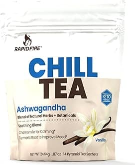 Chill Tea, Soothing Blend, Promotes Relaxation, with Ashwagandha, Chamomile, Turmeric, Stress Relief Tea, Caffeine Free, 14 Tea Bags, 14 Servings
