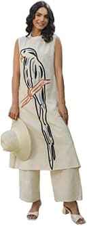 Women's Cream Color Khadi Cotton Kurti with Traditional Dancer Doll Embrodery Work, V-Neck, 3/4 Sleeves, Casual Wear Kurta Set