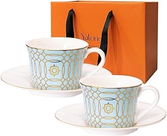 Ceramic Tea Cup and Saucer Set of 2, 7oz, Cappuccino, Latte Coffee Cup, Suitable for Afternoon Tea, Breakfast Tea and Dessert, Bone China, Light Blue Circular Gold Edge