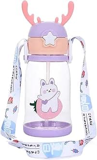Panchhi Store Plastic Water Bottle for Kids 600ml Water Bottle with Straw for Kids Sipper Bottle for Kids Dual Cap Bottle with Strap for School Picnic Travel Home Bottle for Girls Purple