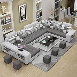 Luxury U Shape 6 Seaters Sectional Sofa Set/Without Centre Table for Your Living Room/Office/Dining Room/Hall with Storage of 5 Pouffe (Color - Grey) Pack of 1