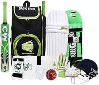 CW Bullet Green Batting Cricket Set Kashmir Willow Bat & Seasoned Ball Hand Stitch Junior Size 5 for Youth Sports Training Kit Boys & Girls Right Hand with All Accessories