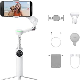 – Flow 2 Pro Creator Bundle White - Foldable AI Phone Gimbal, Apple DockKit, 360º Pan Tracking, Free Tilt Mode, Built-In Tripod/Selfie Stick, Portable Vlog/Travel Stabilizer, Spotlight, MagSafe
