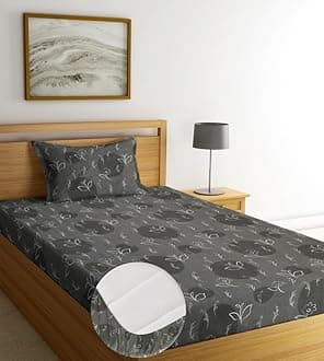 NEW LEAF Pure Cotton Elastic Fitted Bedsheets with 1 King Size Pillow Covers | Single Mattress Bed with All Around Elastic 210tc Supersoft | Size - 72 x 36 +6 inches | Floral, Dark Grey