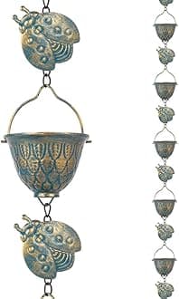 9.2 FT Rain Chain, Metal Rain Gutter Chains with 12 Cups & Detachable Ladybugs Decor, Adjustable Rain Catcher Chain with Bell for Outddor Decor, Replacement for Downspout