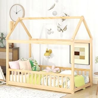 Bellemave Twin Size Kids House Bed Frame,Floor Bed with Fence,Montessori Floor Bed for Girls,Boys,No Box Spring Needed,Twin,Natural
