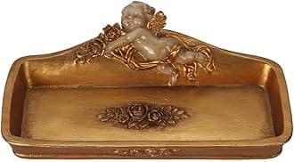 S-MANTIS Vintage Tray Antique Trinket Dish, Small Rectangular, Ring Holder With Cherub and Floral Design,Jewelry Or Cosmetics Makeup Storage Organizer,Gift,Aesthetic Room Decor (Ivory and Gold-Cherub)