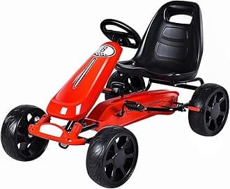 Costzon Pedal Go Kart, 4 Wheel Powered Ride On Toy, Pedal Car with Ergonomic Adjustable Seat, Handbrake, Non-Slip Rubber Wheels, Go Kart for Kids 2-5, Gift for Boys Girls (Red)
