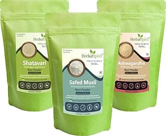 Herbal Spirit Safed Musli Powder, Ashwagandha Powder Organic and Shatavari Powder for Women | Safed Musli Root or White Musli Powder, Shatavari Root, Ashwagandha Root Powder | 100gm each (Pack of 3)