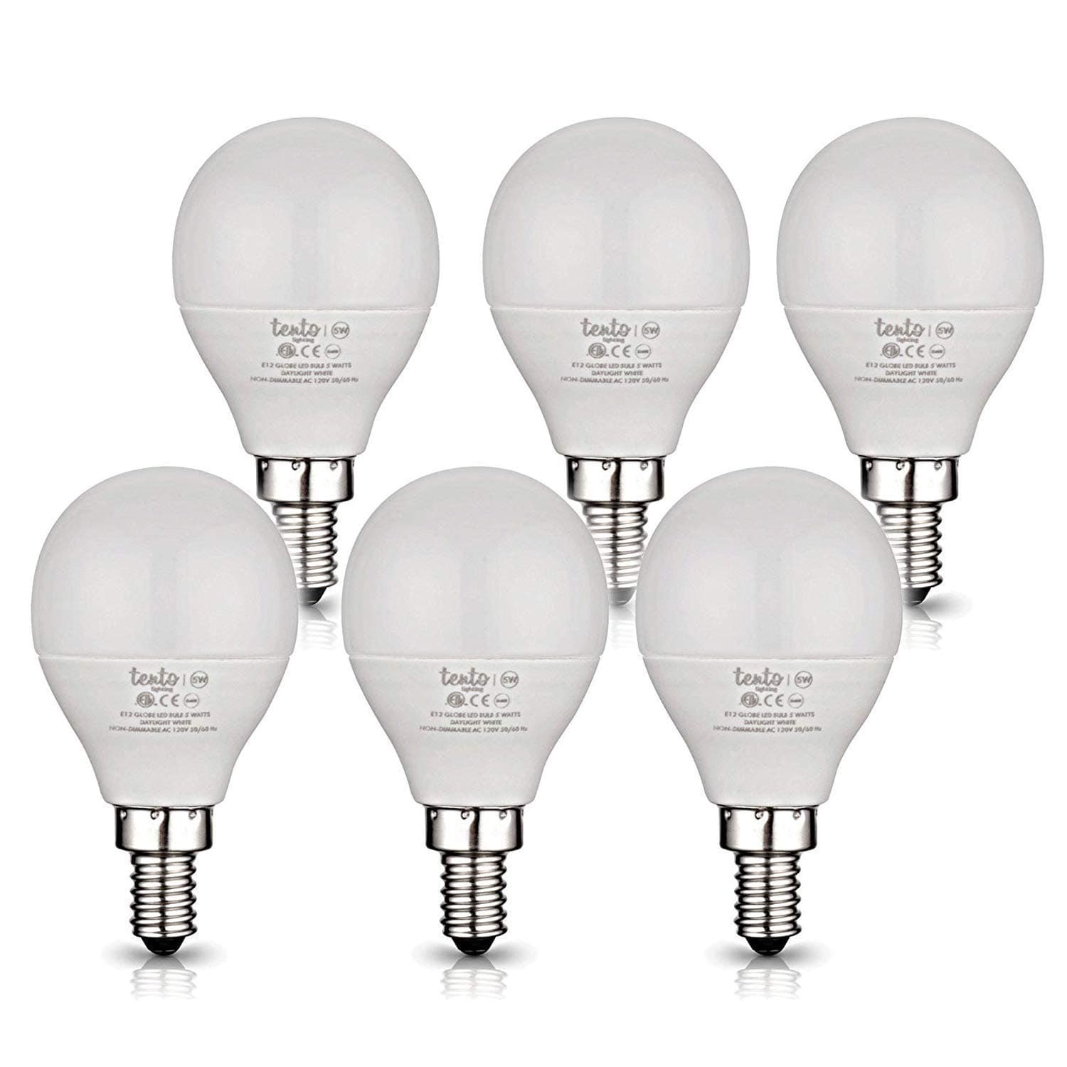 tento E12 LED Bulbs 5w Soft White Small Candelabra Edison Base Globe Shaped Energy Saving Ceiling Fan LED Light Bulbs, Warm White, 240 Degrees Beam Angle 120v 5w 450lm 3000k