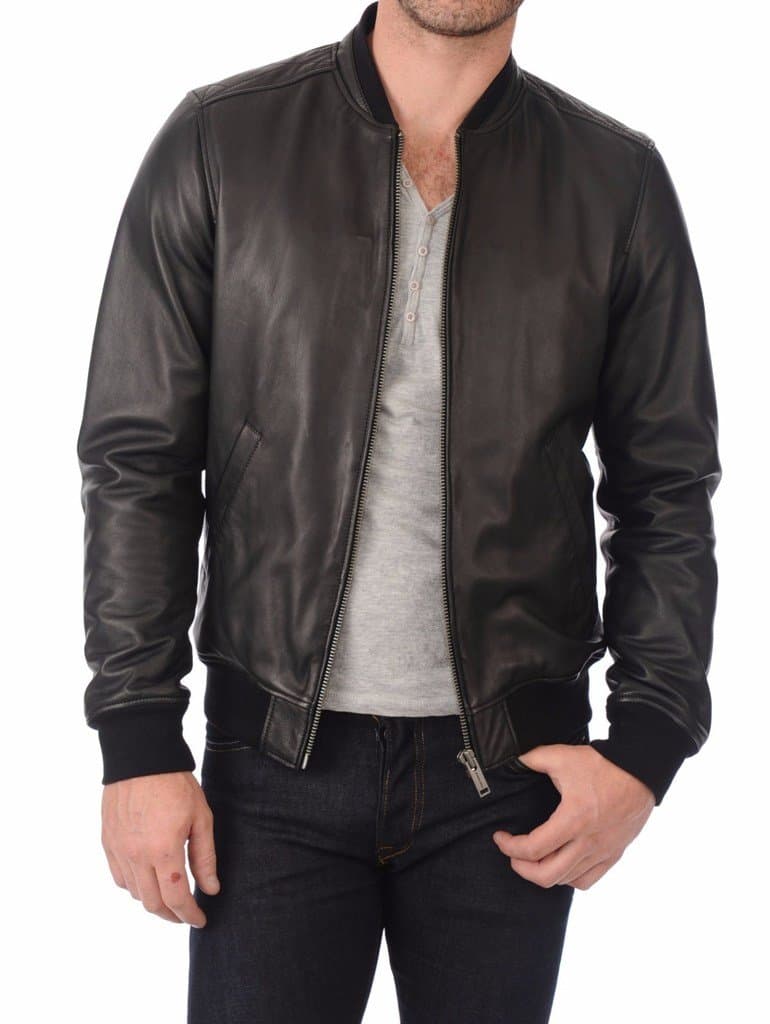 Men's Lambskin Leather Bomber Biker Jacket Medium Black