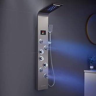 MENATT Shower Tower System with LED Lights, Hydroelectricity Display Shower Panel, Rainfall & Waterfall Shower Head, Massage Jets, Tub Spout, Handheld Shower (Brushed)