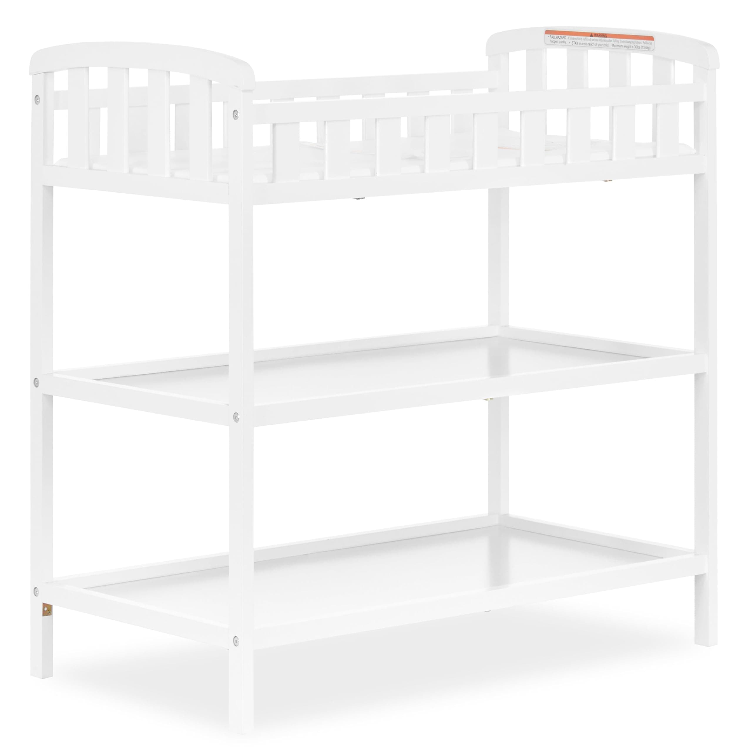 Emily Changing Table, Compact and Lightweight, Solid New Zealand Pinewood, Elevated Safety Rails, Two Storage Shelves, Includes Water-Resistant 1" Changing Pad — White