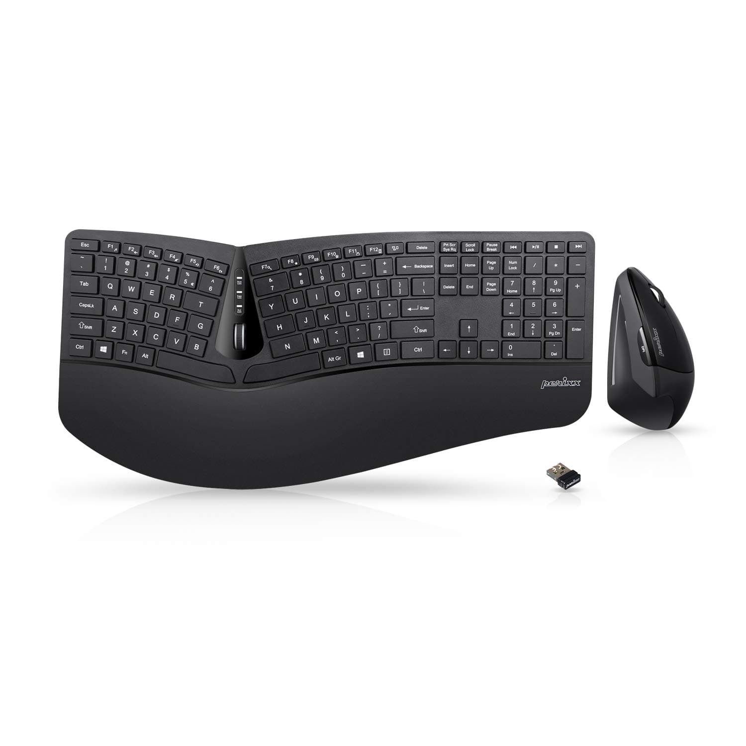 Perixx Periduo-605, Wireless Ergonomic Split Keyboard and Vertical Mouse Combo, Adjustable Palm Rest and Membrane Low Profile Keys, Black, US English Layout (11633)