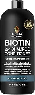 INFINA ESSENTIALS Biotin 2-in-1 Shampoo and Conditioner for Men & Women – Hair Thickening & Strengthening Shampoo with Saw Palmetto, Keratin, Caffeine & Vitamin E – Convenient Daily Use – 16 fl oz