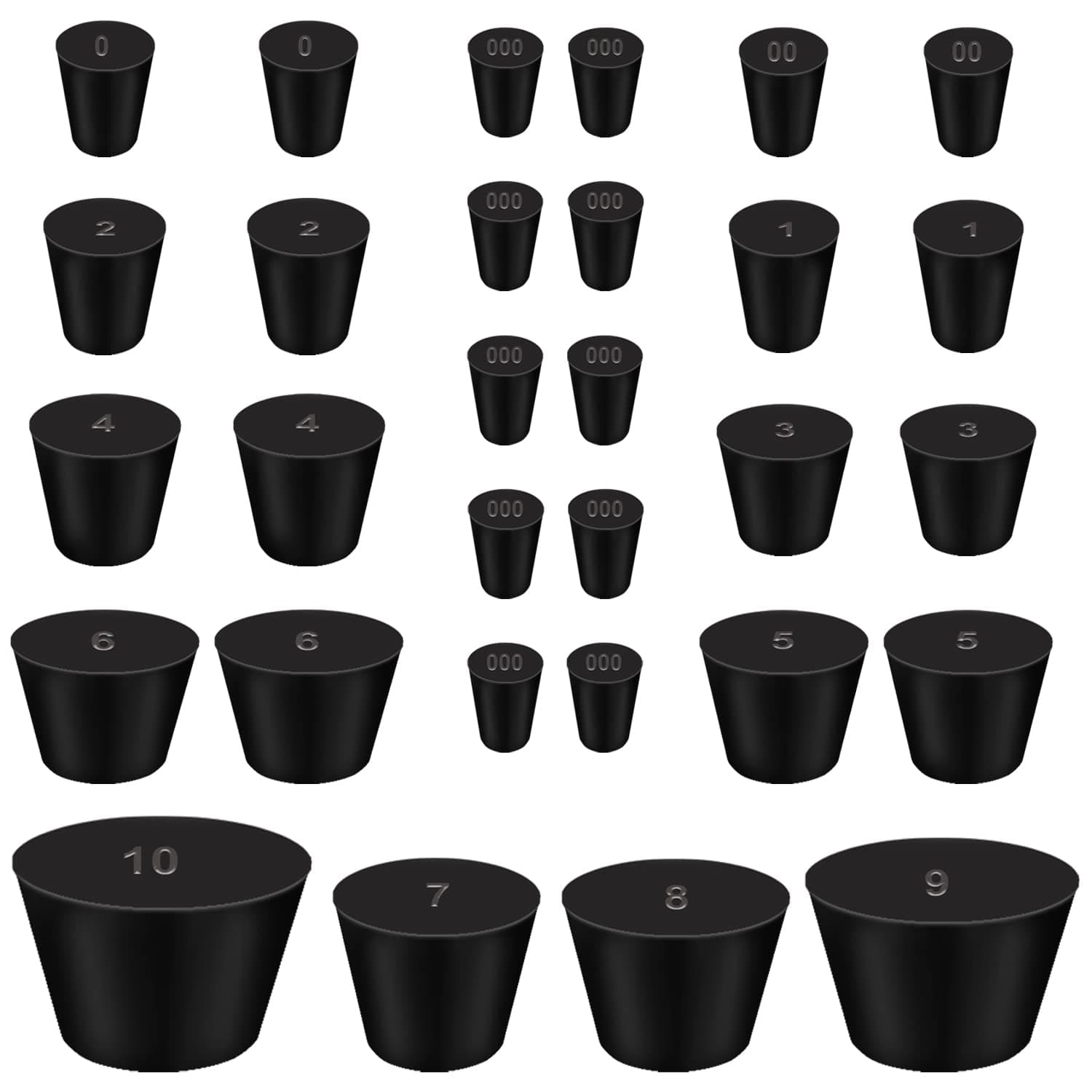 smseace 30pcs 000#-10# Black Solid Rubber Stopper 13 Sizes Tapered Shaped Stoppers Plug for Sealing Sewer Pipes,Chemical Test Tubes (D-048-13S)