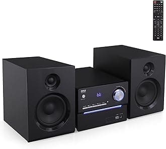 Pyle CD/DVD P.M.P.O Stereo System, 3-pc Wireless BT Streaming 6 Ohm Two-Way Wooden Speaker Box and Subwoofer, Digital Amplifier IC with MP3, USB, FM Radio, Bass Reflex Speaker