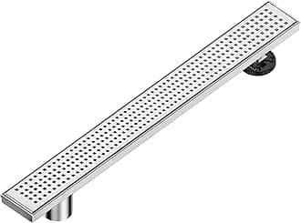 - 24-Inch Offset Side Outlet Linear Shower Drain with Quadrato Pattern Grate Cover, Brushed 304 Stainless Steel Rectangle Shower Floor Drain, with Leveling Foot, Hair Strainer Catcher