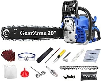 – GearZone 20Inch-58CC-2.68KW Handheld High Powered Gasoline/Petrol Chainsaw, Including 2 Saw Chains and Other Accessories For Cutting Trees, Wood, & Logs-Blue Color