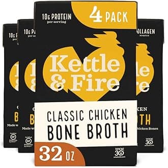 Kettle and Fire Classic Chicken Bone Broth | Keto, Paleo, and Whole 30 Approved | Gluten Free | High in Protein and Collagen | 4 Pack (32 Ounces)
