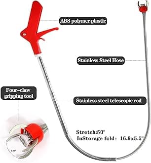 51"Toilet Snake Clog Remover,Toilet Auger Grabber Tool，Plumbing Snake for Toilet,With 4 Claws Bendable Hose Pickup Reaching Assist Tool for Grabbing Objects Blocked in Toilet Pipes and Drainage Drains