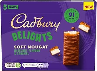 Cadbury Delights Soft Nougat Hazelnut Flavour & Caramel Bars, Chewy Nougat Bars With Hazelnut & Caramel, Multipack of 5 x 22 g (Pack of 1)