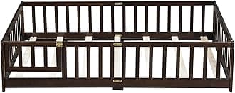 Full Size Floor Bed with Fence and Door,Rubber Wood Floor Bed w/Safety Guardrails/Near The Ground,Easy to Assemble & No Box Spring Needed, Espresso