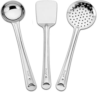 Parage 3 Pieces Stainless Steel Kitchen Tools Set for Cooking and Serving, Pack of 3 Ladle (Karachhi), Skimmer (Jhara) & Turner/Spatula (Palta) Silver, Size: 32 cms, 33.5 cms, 34.5 cms