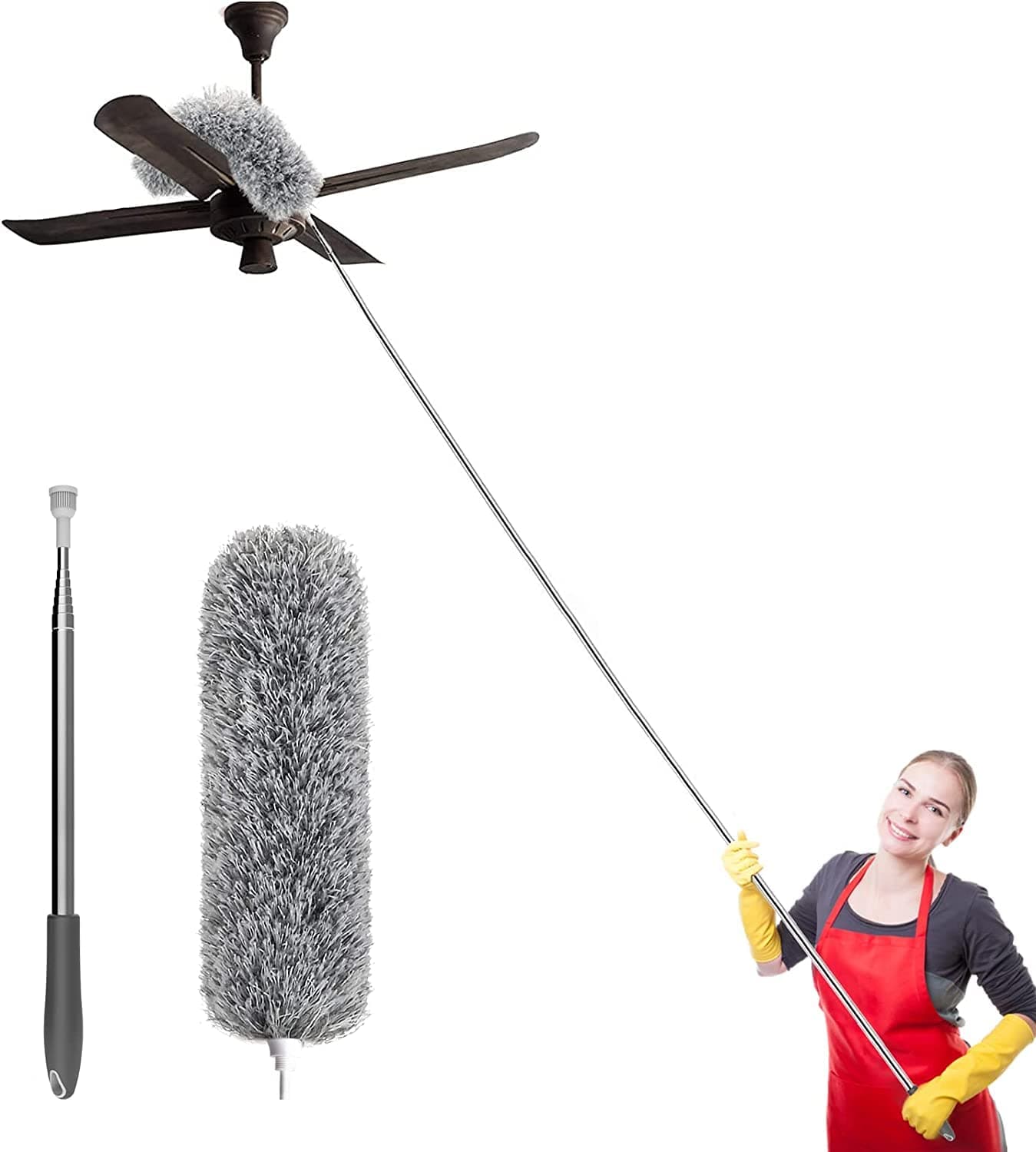 Hallstatt 2026 Upgraded Long Handle Microfiber Feather Fan Ceiling Duster for Dust Cleaning with extendable Pole 100 Inch with Anti Scratch Bendable Brush for Cleaning High roof Cobweb Stick