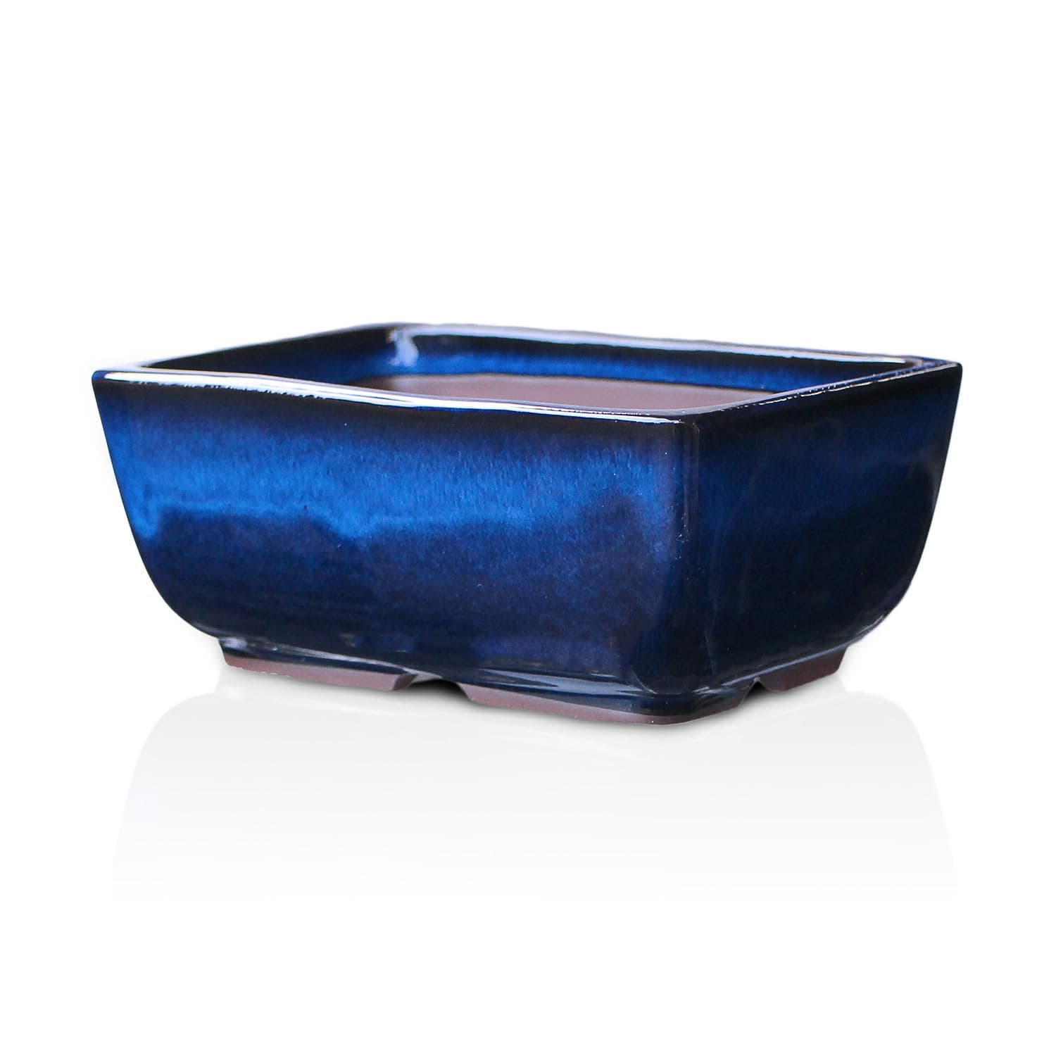 Bonsai Pot Ceramic Rectangle Round Shaped Corners Blue Glazed (4.75", Namako-Yu)