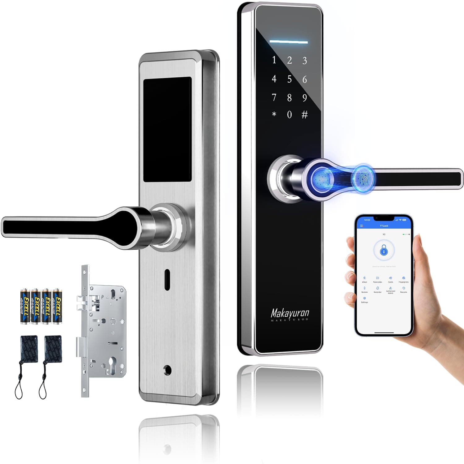 Stainless Steel Smart Lock,TT Lock Bluetooth Version Smart Door Lock unlock by Fingerprint,Remote,Nfc Card With 8pcs Batteries（GDH5-Silver）