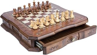 Handmade Wooden Chess Set - Luxury Walnut Board with Drawer + Dubrovnik Royal S Chess Pieces