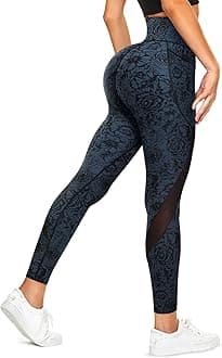 Mesh Leggings for Women High Waisted Yoga Pants Workout Running Printed Leggings Gym Sports Tights with Pockets