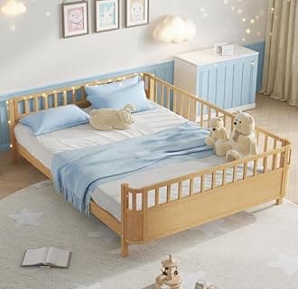 Bellemave Queen Size Floor Bed with high Rails for Kids, Girls, Boys, Wood Montessori beds with Fence, Kids Bed with Rails, Natural
