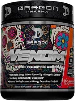 DRAGON PHARMA Venom Extreme Potency Pre-Workout, Laser Sharp Focus + Energy, Intense Performance, Proven Ingredients for Enhanced Vasodilation & Endurance (40 Servings, Mangonada)