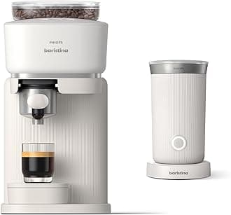 Baristina Espresso Machine+Milk Frother Bundle. Real espresso. Compact coffee machine,portafilter, grinder, Cafe Crema. Dairy & Non-Dairy Milk foam​. Hot & Cold. Easy Clean. White (BAR303/00)