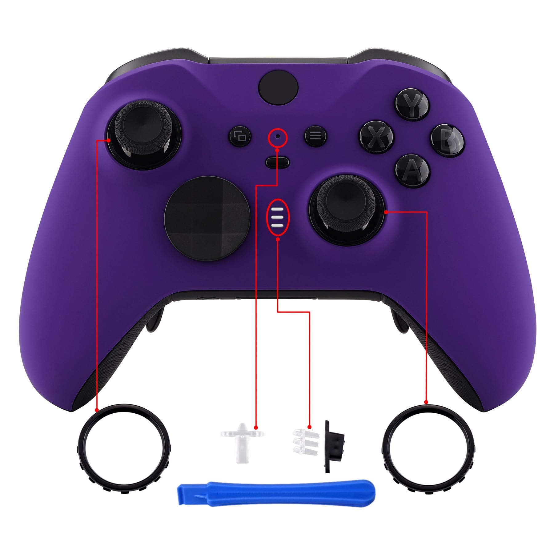 Purple Grip Faceplate Cover, Soft Touch Front Housing Shell Case DIY Replacement Parts for Xbox One Elite Series 2 Game Controller (Model 1797) - Thumbstick Accent Rings are Included