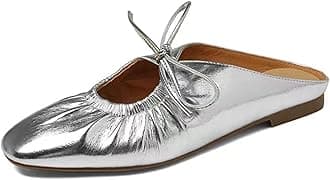 Women's Wrinkled Leather Lace Up Flat Mules Fashion Closed Square Toe Slip-On Slingback Ballet Flats Comfortable Casual Dressy Date Office Work Shoes Silver